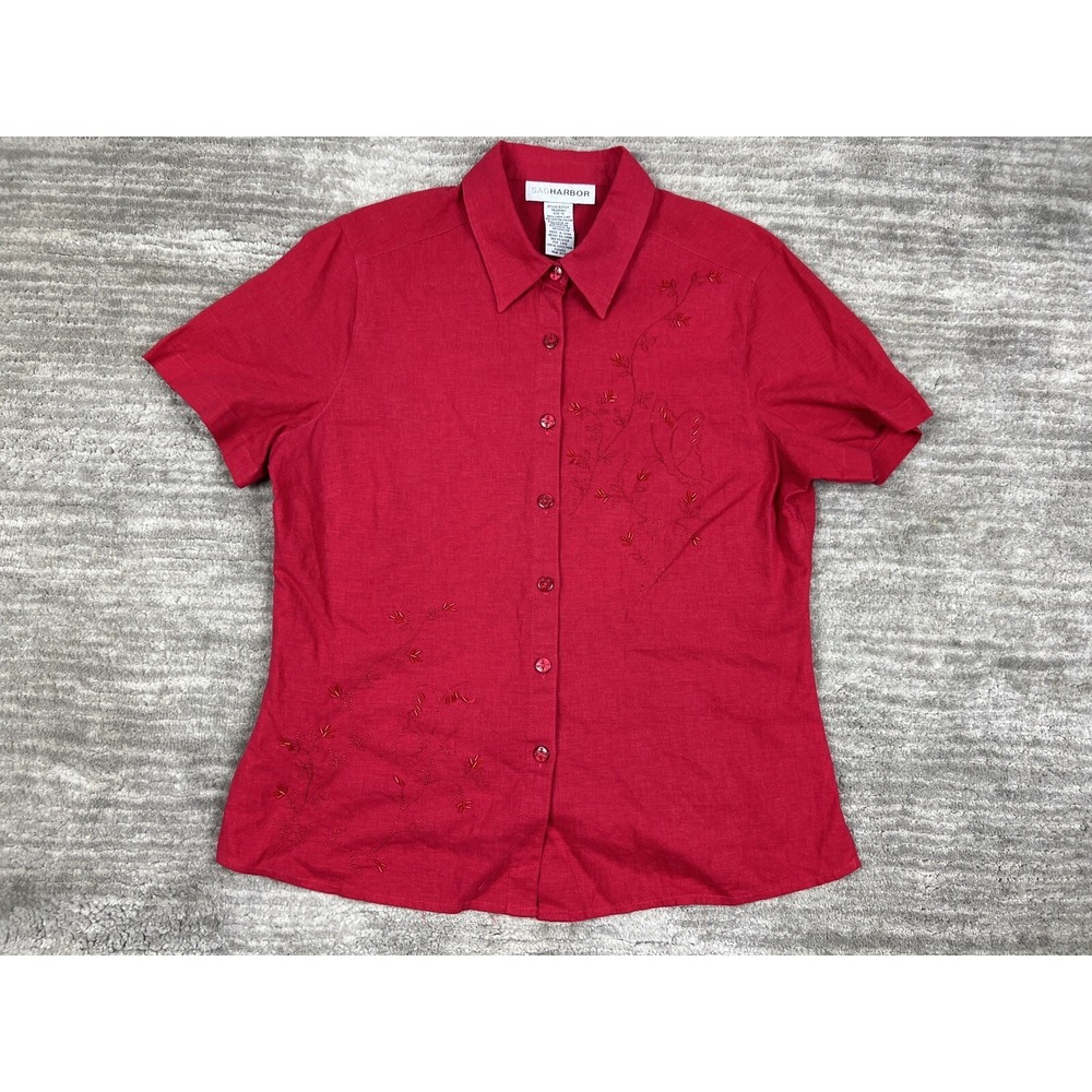 Sag Harbor Shirt Womens 10 Red Button Up Beaded Embroidered Linen Blend
